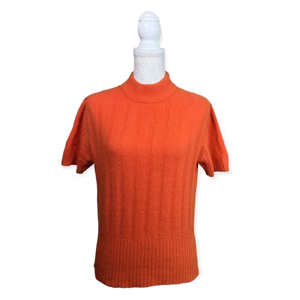 VINTAGE WOOL SHORT SLEEVE MOCK TURTLENECK NINA CHARLES KASPER ORANGE SWEATER L